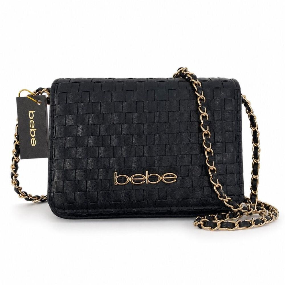 Bebe Yara Woven Vegan Leather Crossbody Bag Black Gold Chain NWT